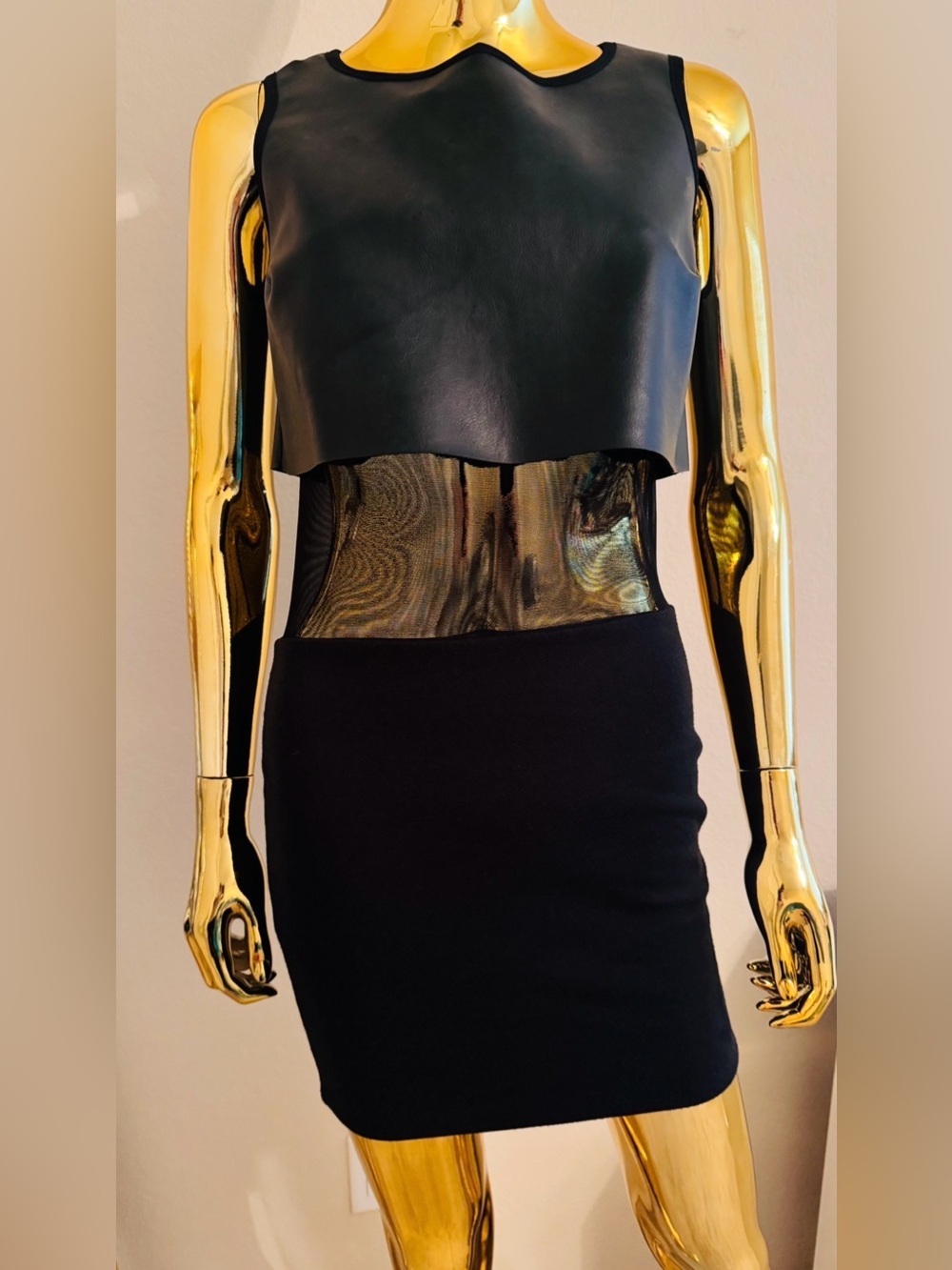 Aqua AQ x AQ Black Faux Leather and Sheer Biker Grove Bodycon Dress, Size 10
